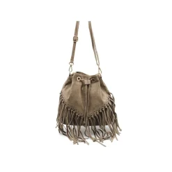 Bolso saco taupe con flecos