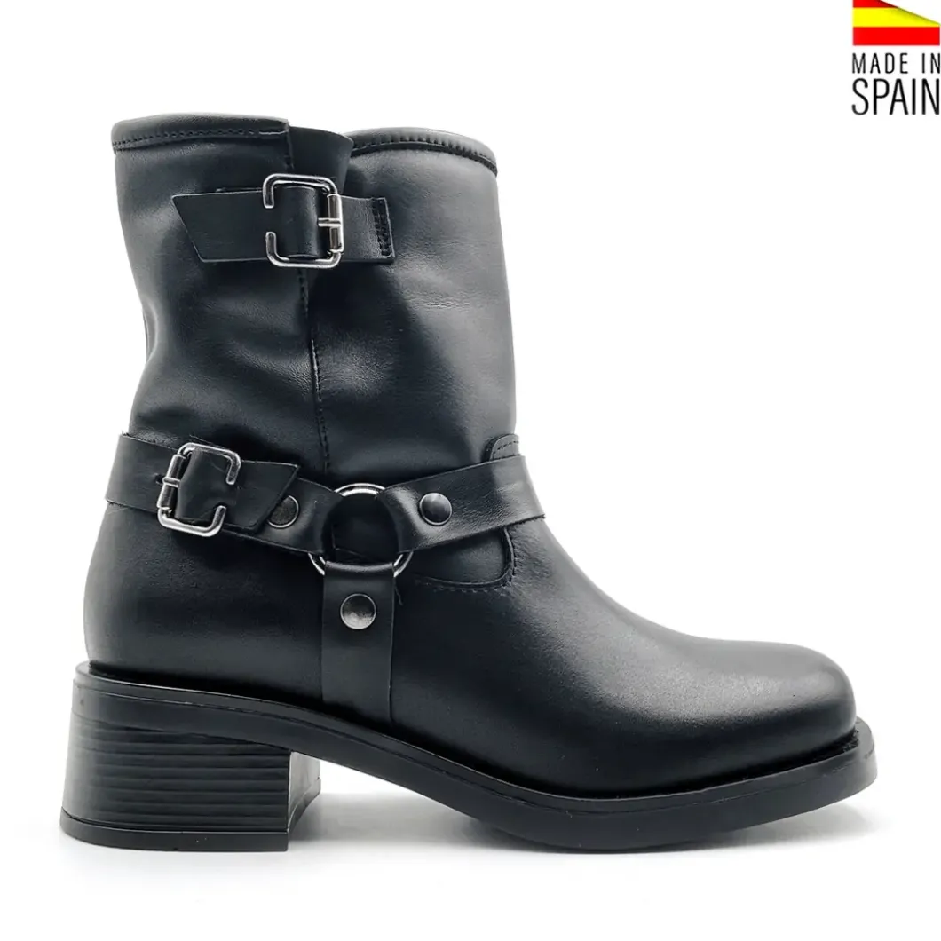 Botín biker negro de piel