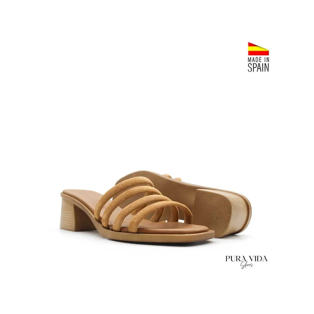 Mule tacón tiras camel