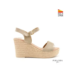 Sandalia beige cuña de piel serraje
