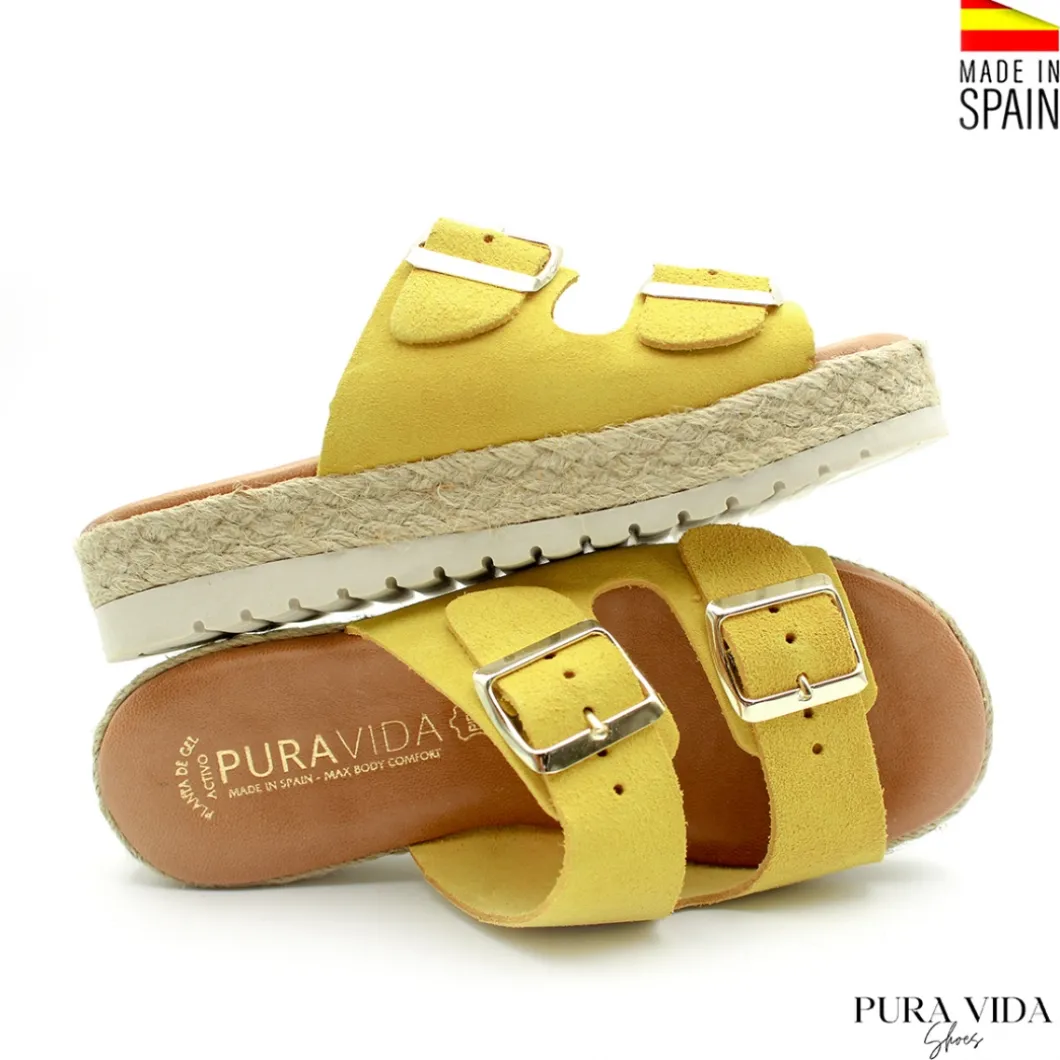 Sandalia hebillas amarillo de serraje