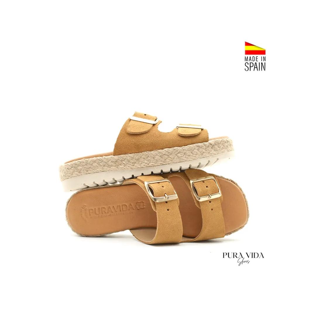 Sandalia hebillas camel de serraje