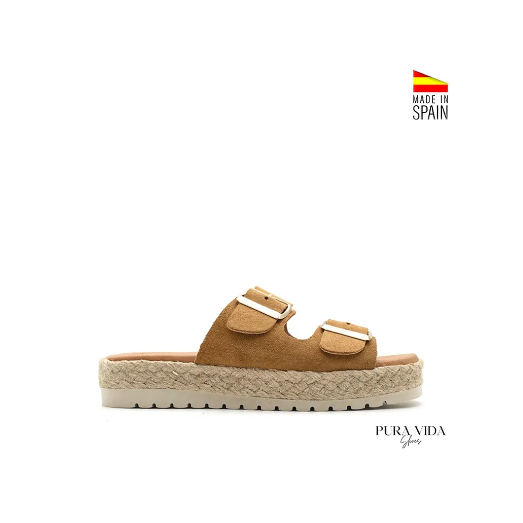Sandalia hebillas camel de serraje