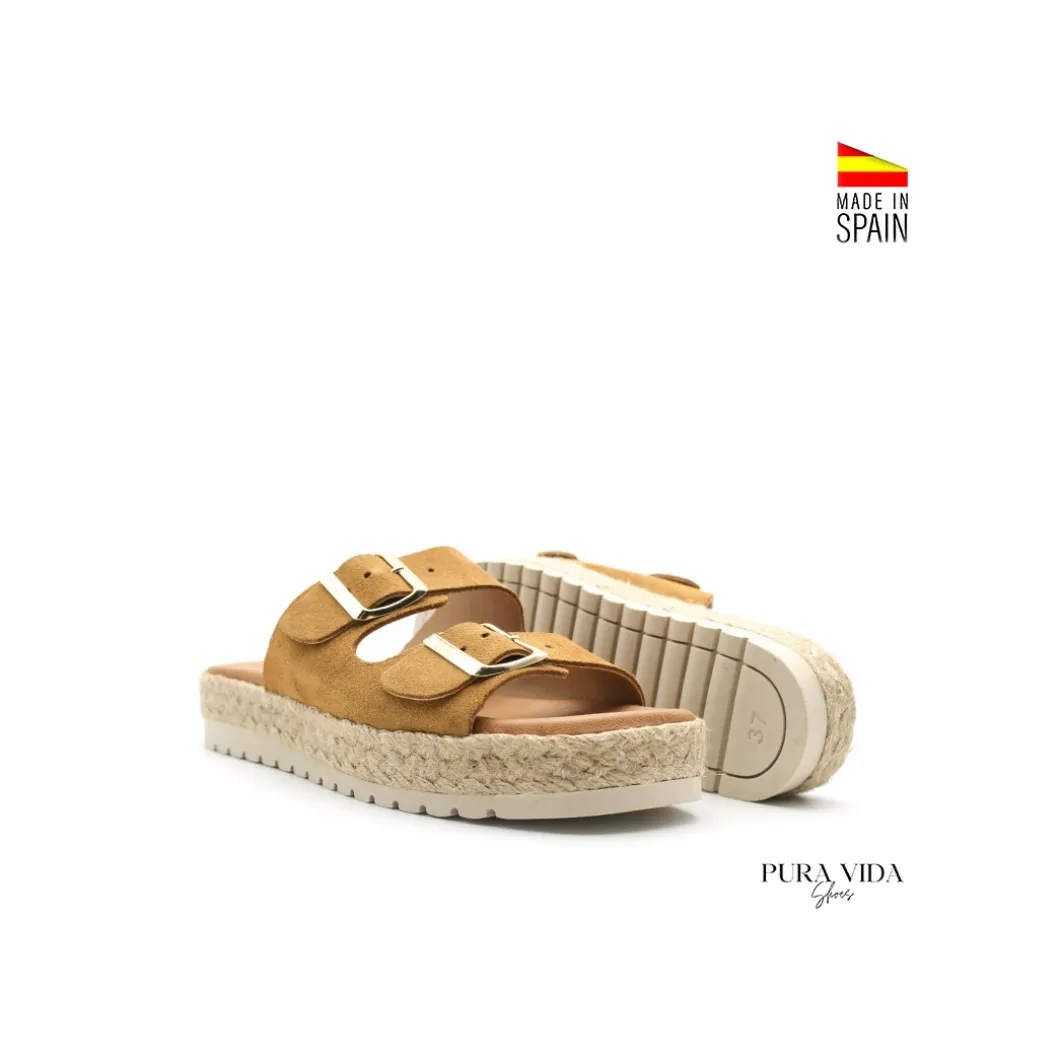 Sandalia hebillas camel de serraje