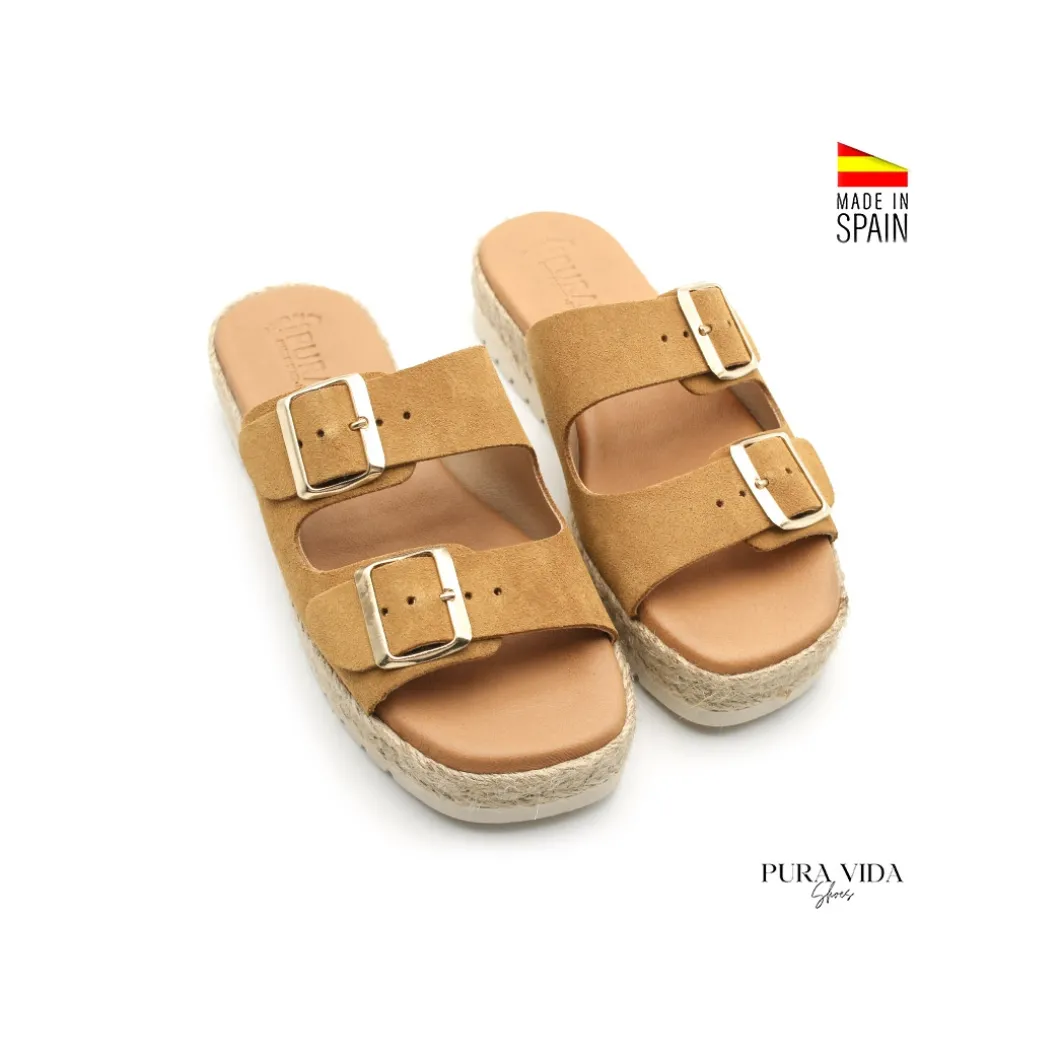 Sandalia hebillas camel de serraje