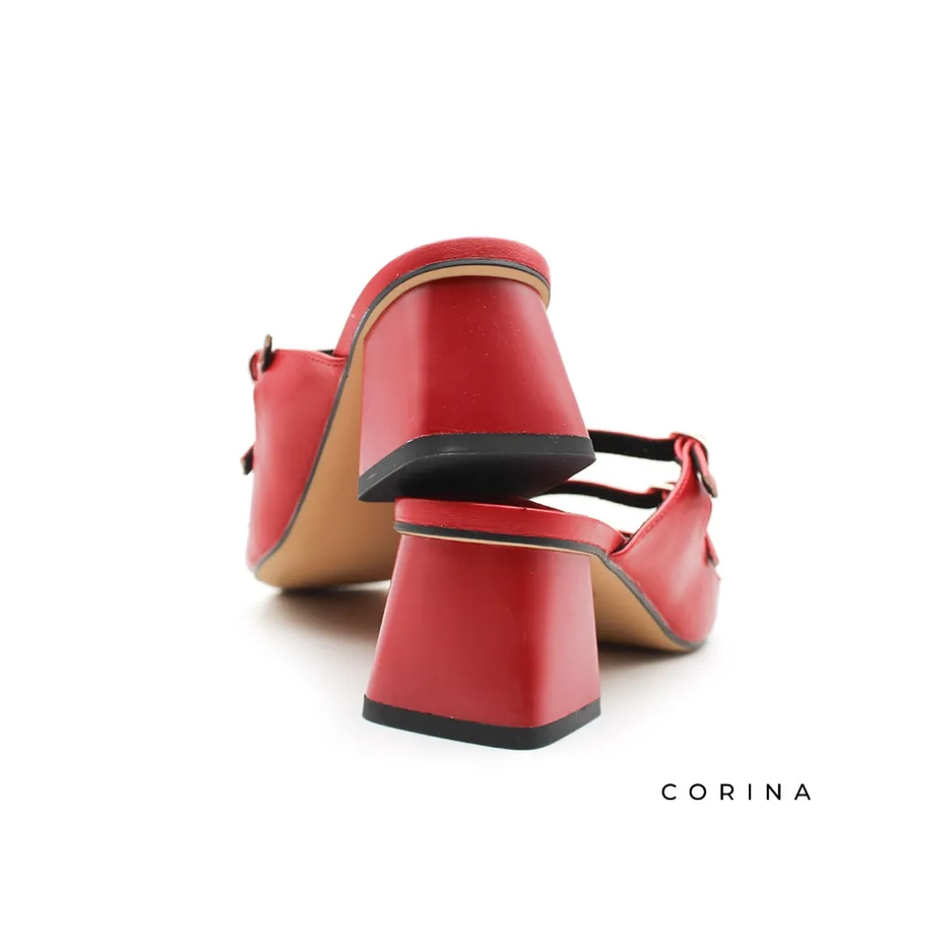 Sandalia hebillas roja con tacón ancho