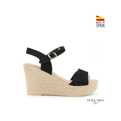 Sandalia negra cuña de piel serraje
