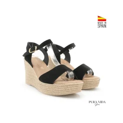 Sandalia negra cuña de piel serraje