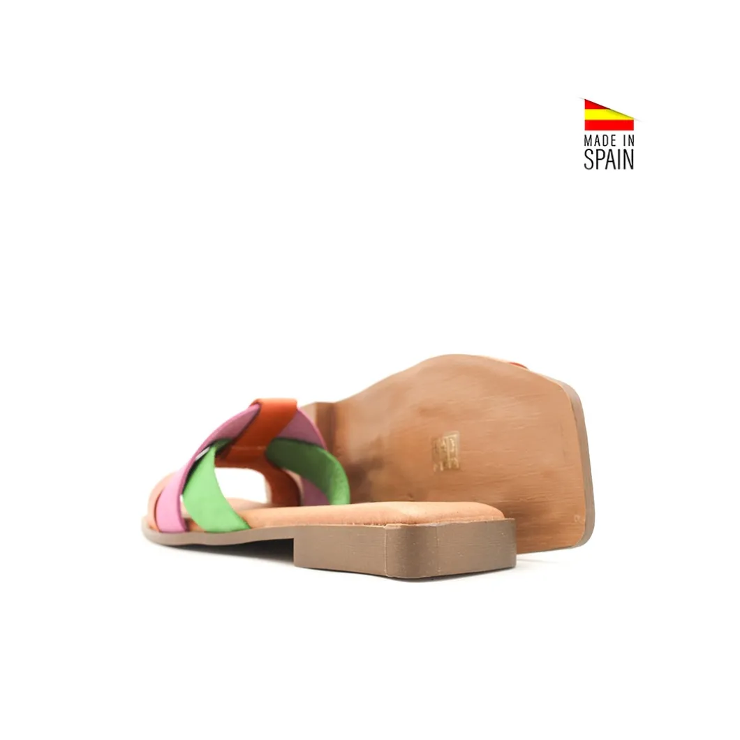 Sandalia plana piel verde multicolor