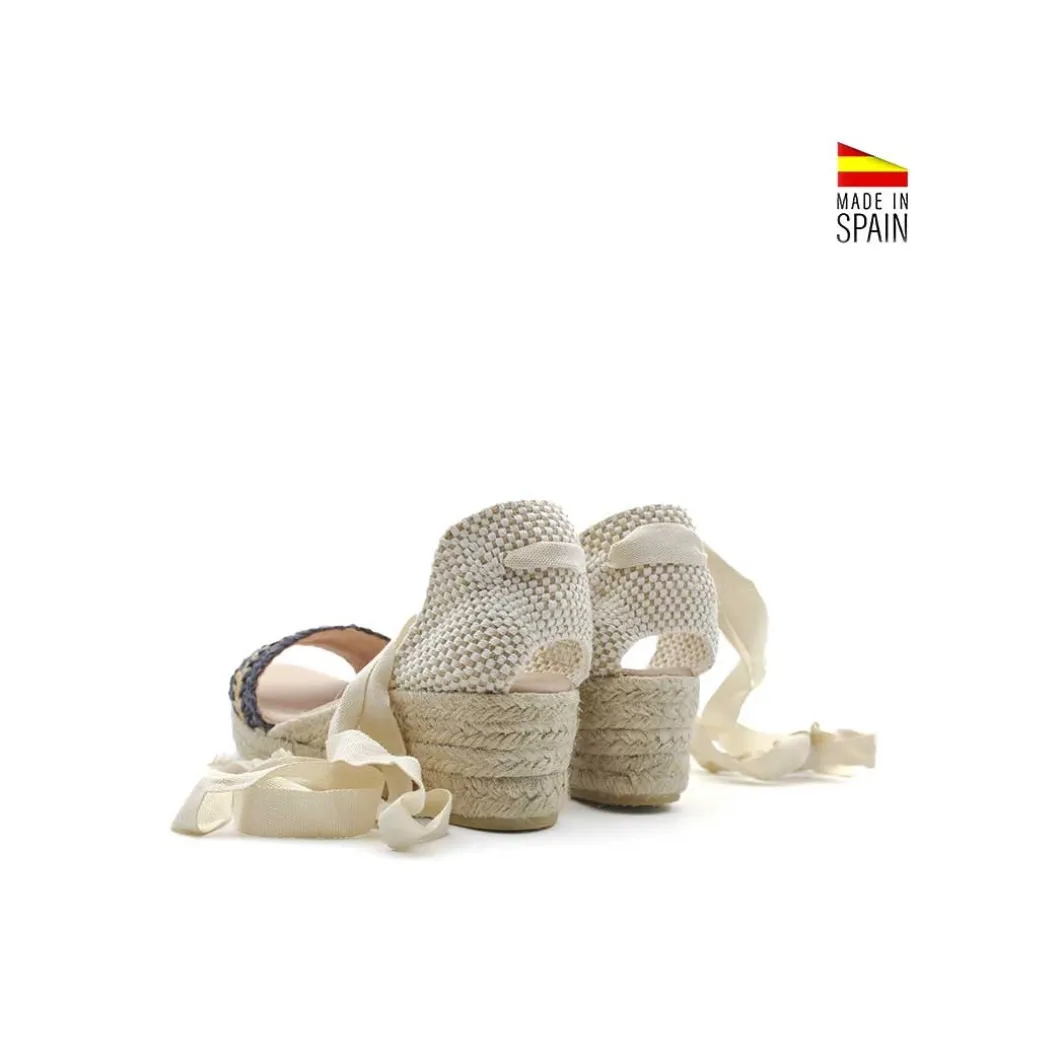 Sandalia rafia azul/beige con cuña baja esparto