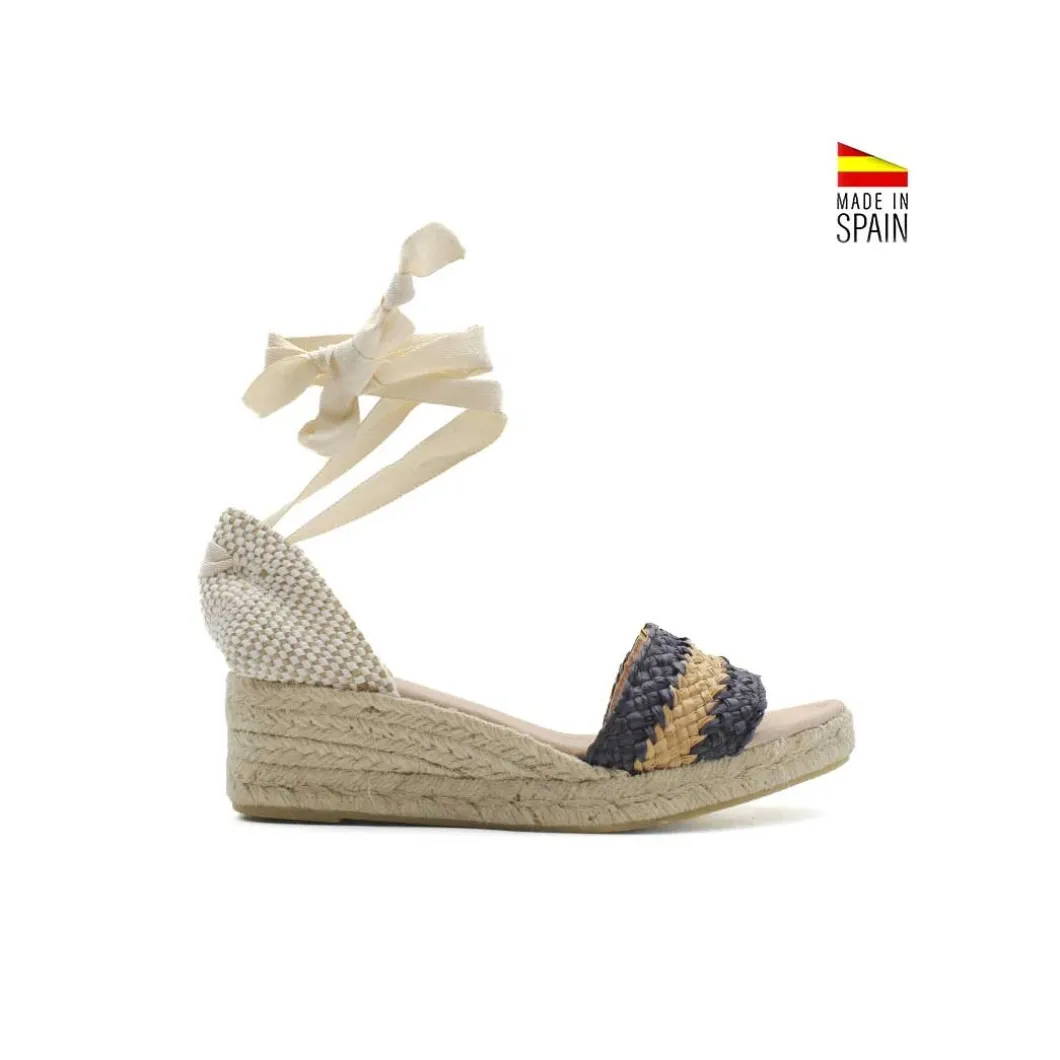 Sandalia rafia azul/beige con cuña baja esparto