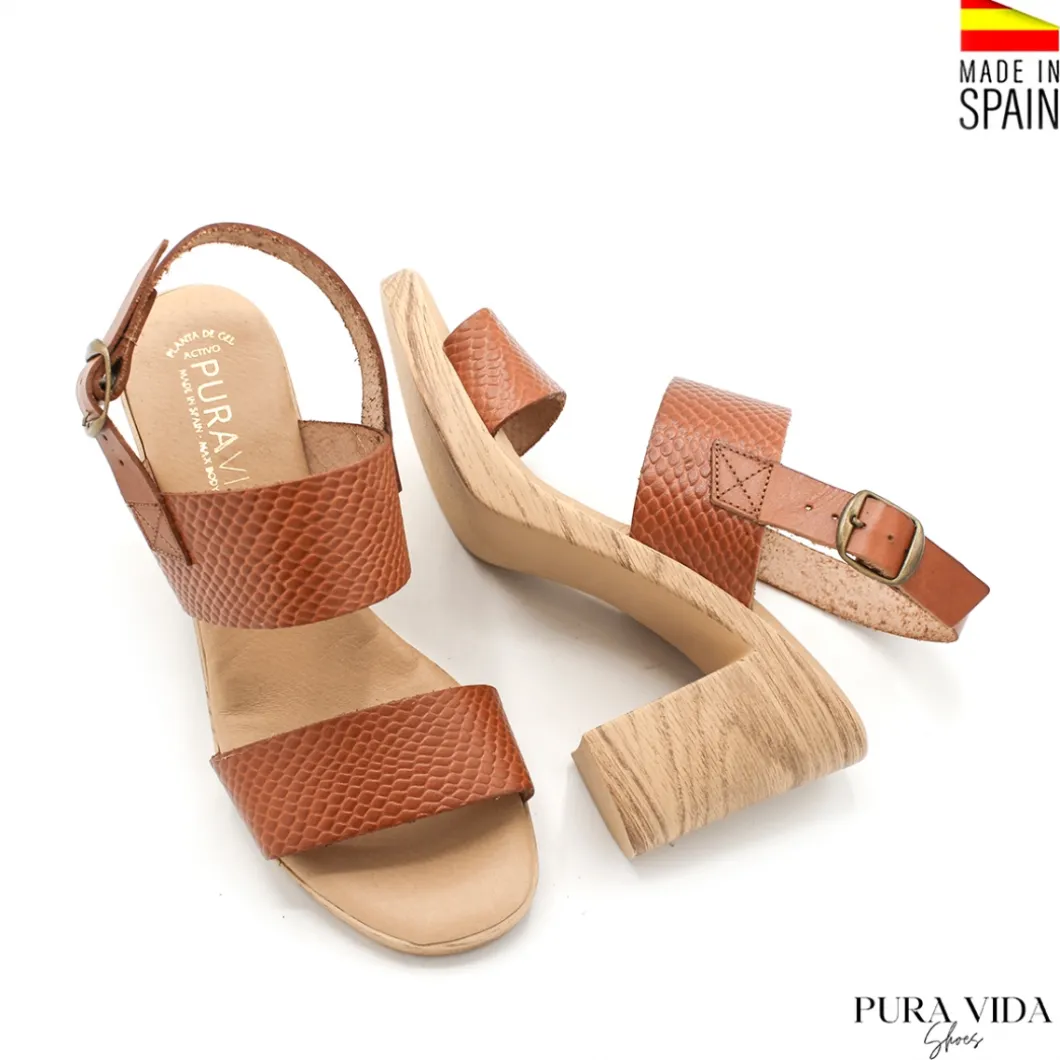 Sandalia tacon piel cuero doble tira
