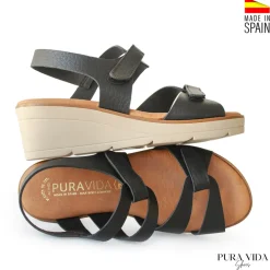 Sandalia velcros negra con cuña cómoda