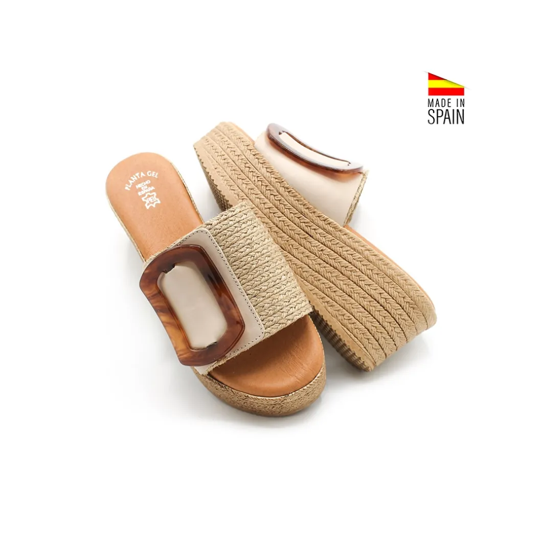 Sandalias cuña esparto beige con hebilla