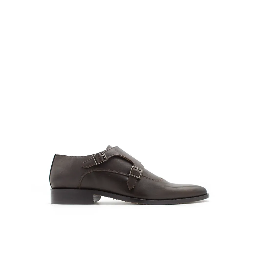 Zapato doble hebilla marrón de piel